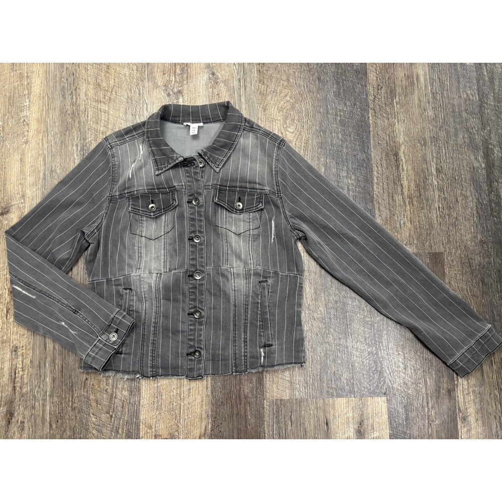 Tribal Jeans Pinstripe Denim Jacket Gray Distressed‎ Raw Hem Stretch